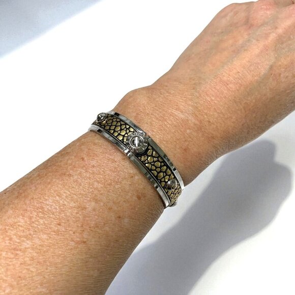 Henri Bendel Gold & Black Snake Pattern Cuff Bracelet With Silver Accents & Logo - Picture 2 of 4